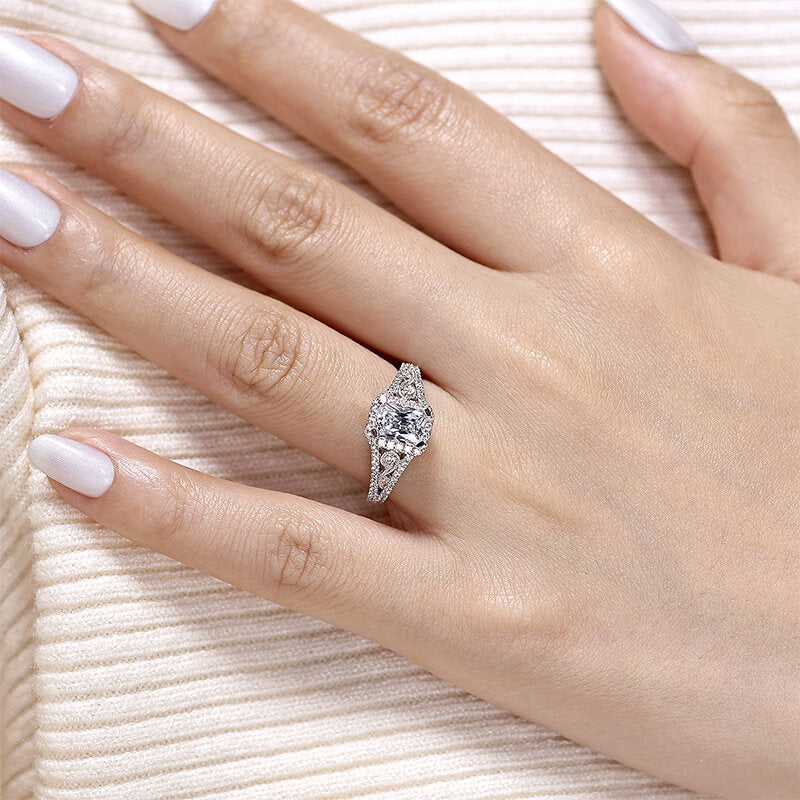 Vintage Inspired Halo Emerald-Cut Moissanite Pave Engagement Ring