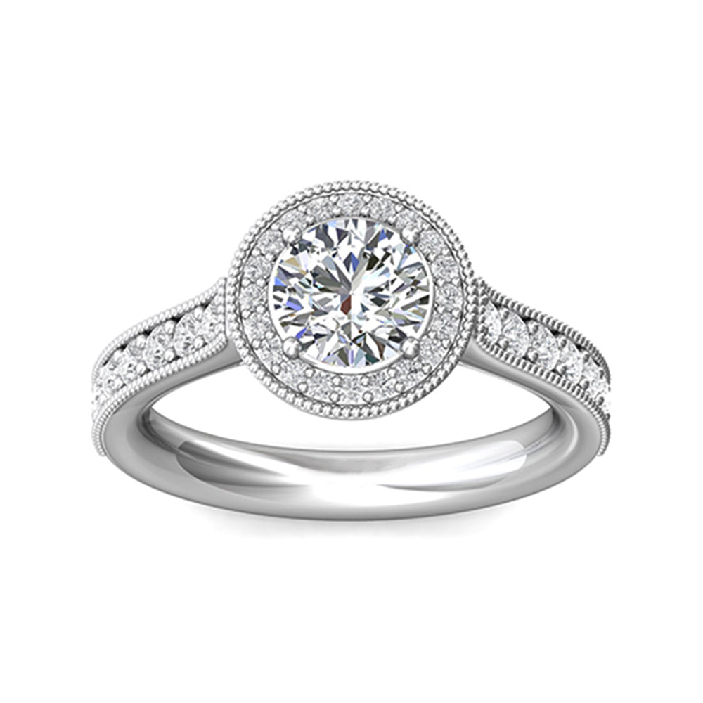 Vintage Milgrain Halo Round Moissanite Pave Engagement Ring