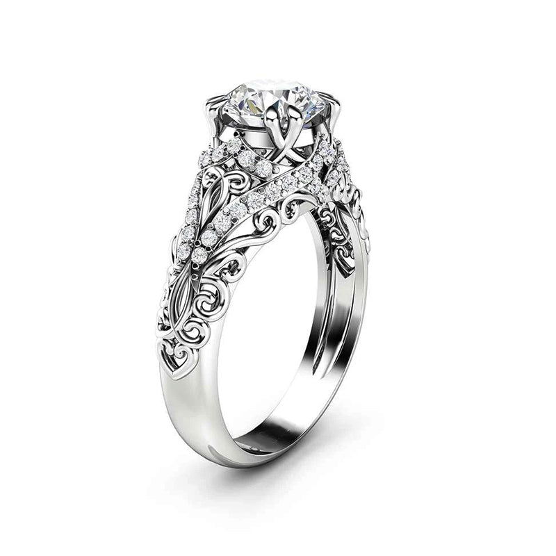 Vintage Moissanite Pave Open Scroll Accents Engagement Ring