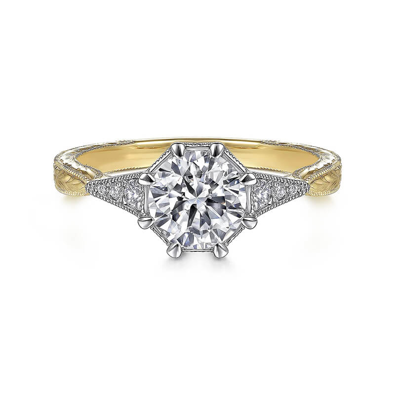 Vintage Moissanite Side Stone Accents Milgrain Two Tone Engagement Ring