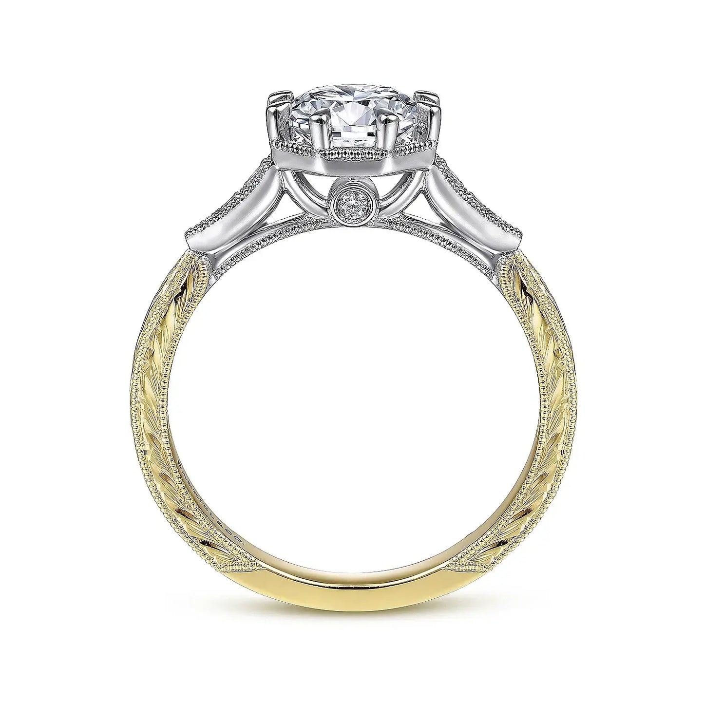 Vintage Moissanite Side Stone Accents Milgrain Two Tone Engagement Ring
