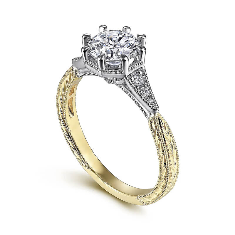Vintage Moissanite Side Stone Accents Milgrain Two Tone Engagement Ring