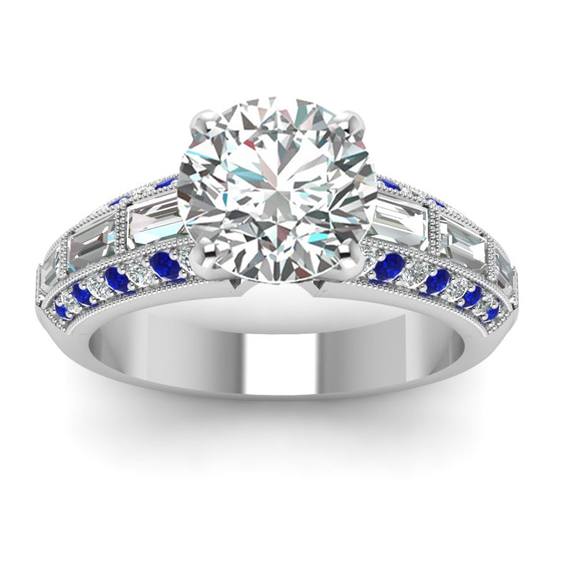 Vintage Moissanite With Tapered Baguette Sapphire Milgrain Engagement Ring