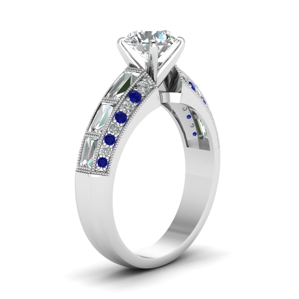 Vintage Moissanite With Tapered Baguette Sapphire Milgrain Engagement Ring