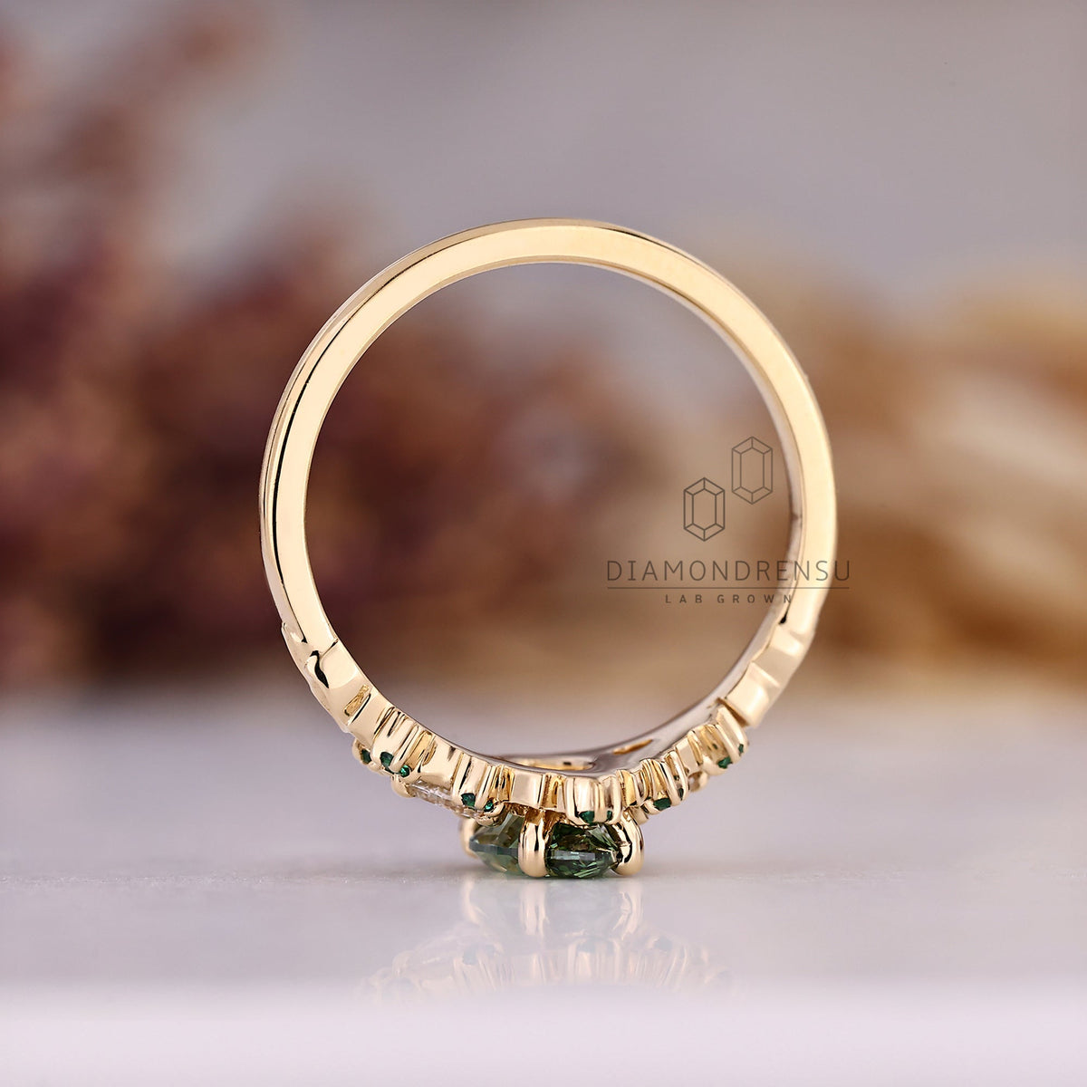 Vintage Green Marquise Engagement Ring with Cluster Setting