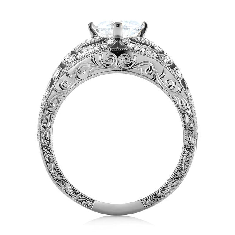 Vintage Round Moissanite Pave Milgrain Accents Engagement Ring