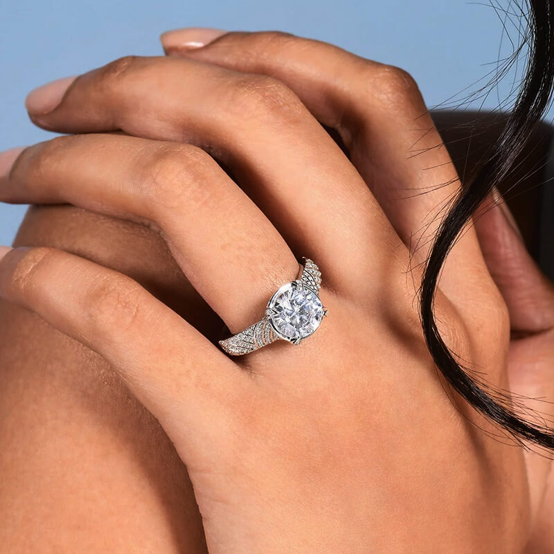Vintage Round Moissanite Pave Wide Shank Engagement Ring