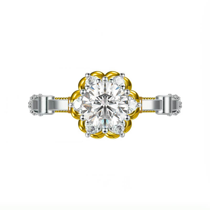 Vintage Round Moissanite Two Tone Flower Engagement Ring