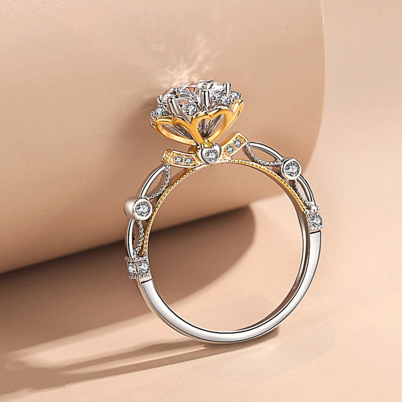 Vintage Round Moissanite Two Tone Flower Engagement Ring