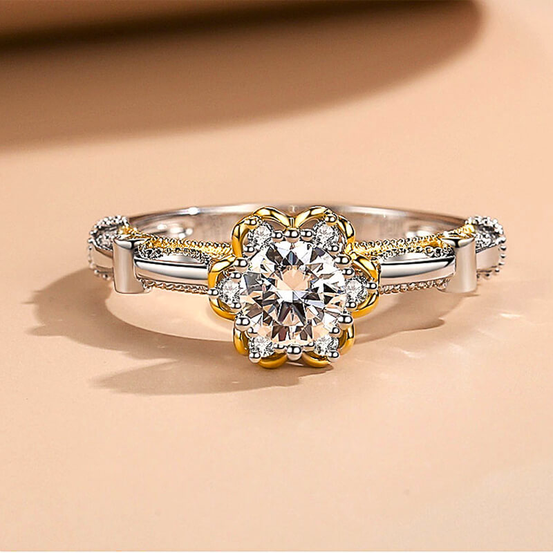 Vintage Round Moissanite Two Tone Flower Engagement Ring