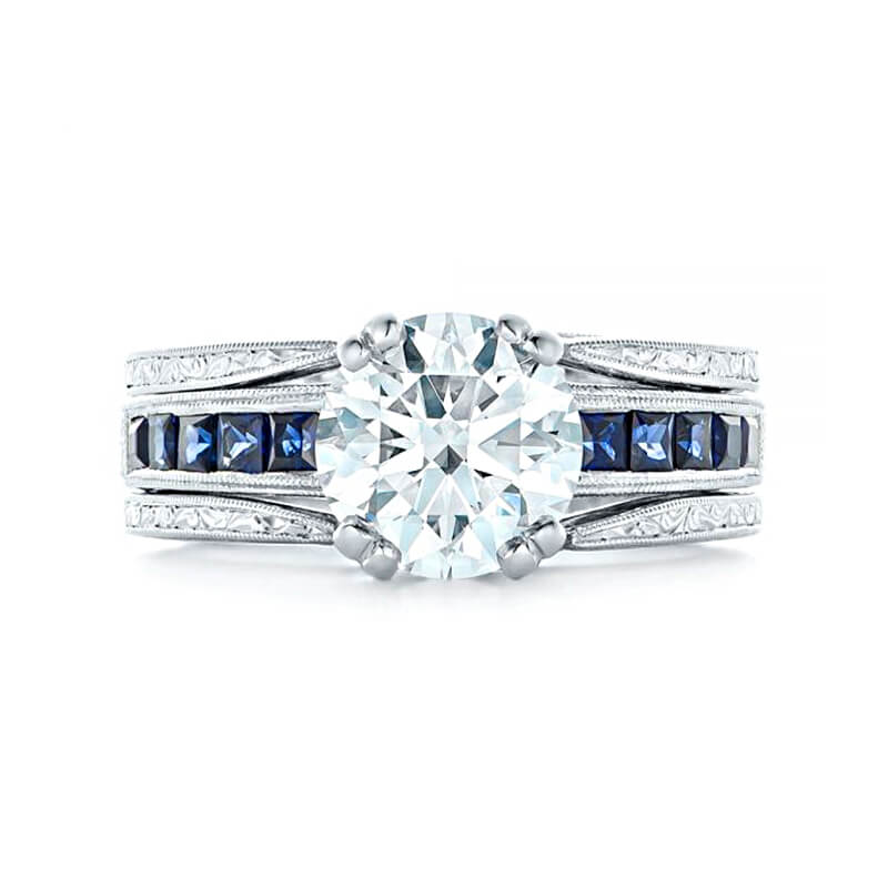 Vintage Round Moissanite & Blue Sapphire Scroll Engagement Ring Set