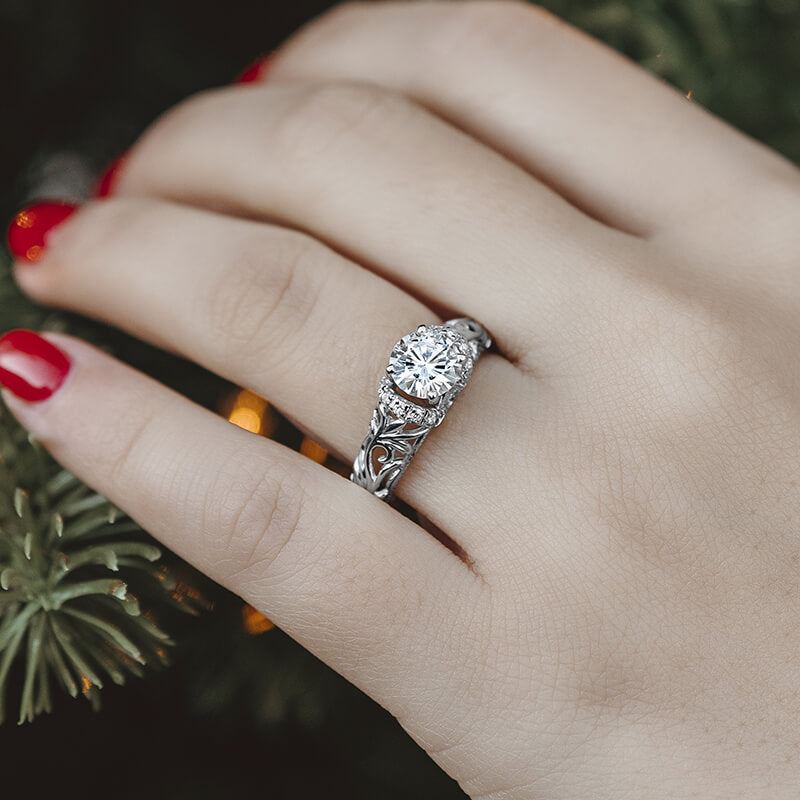 Vintage Scroll And Milgrain Round Moissanite Engagement Ring