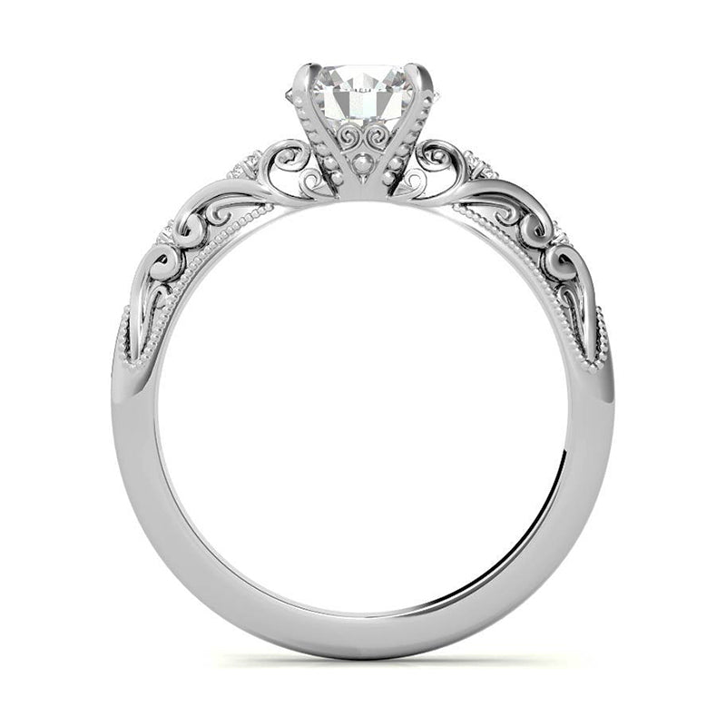 Vintage Scroll Round Moissanite Milgrain Engagement Ring