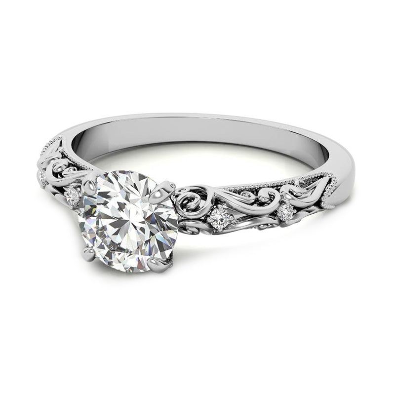Vintage Scroll Round Moissanite Milgrain Engagement Ring