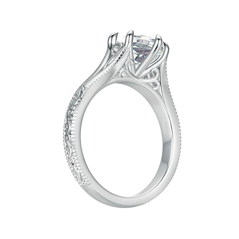 Vintage Solitaire Oval Cut Moissanite Scrollwork Milgrain Engagement Ring