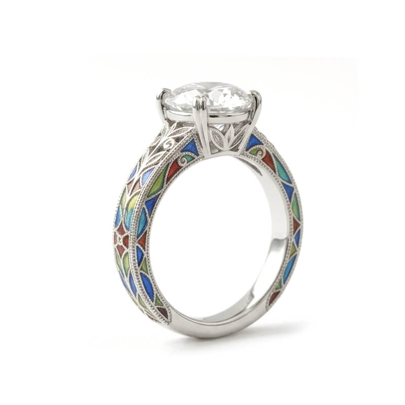 Vintage Stained Glass Enamel Moissanite Engagement Ring