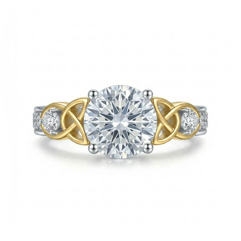 Vintage Three-Stone Moissanite Two-Tone Celtic Knot Engagement Ring
