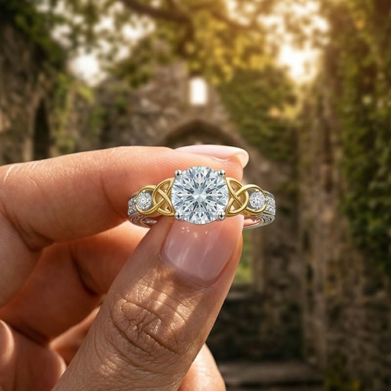 Vintage Three-Stone Moissanite Two-Tone Celtic Knot Engagement Ring