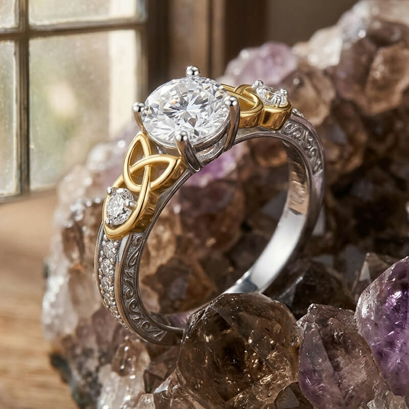 Vintage Three-Stone Moissanite Two-Tone Celtic Knot Engagement Ring