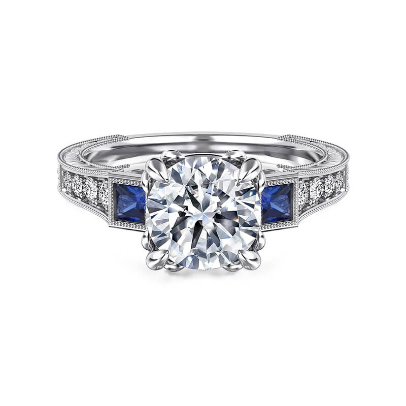 Vintage Three Stone Moissanite And Sapphire Channel Set Engagement Ring