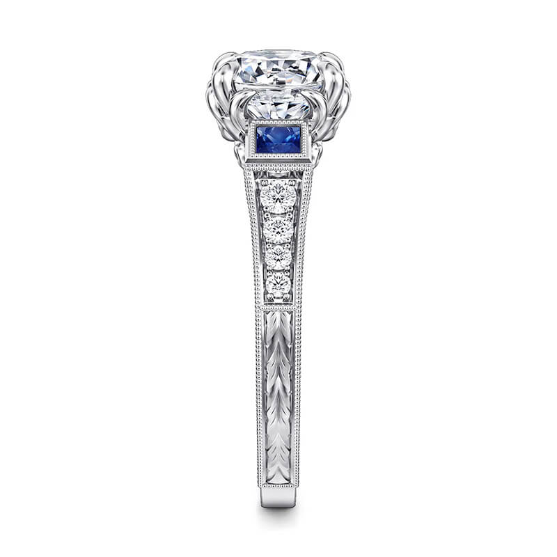 Vintage Three Stone Moissanite And Sapphire Channel Set Engagement Ring