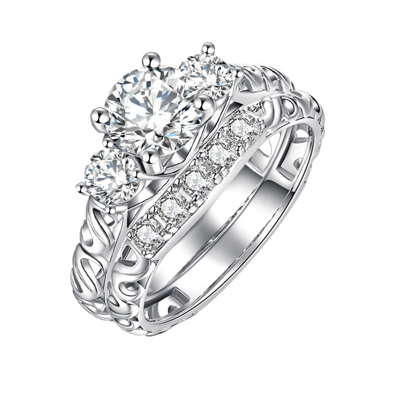 Vintage Three Stone Moissanite Bridal Engagement Ring Set