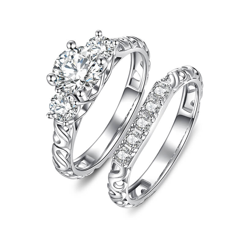 Vintage Three Stone Moissanite Bridal Engagement Ring Set