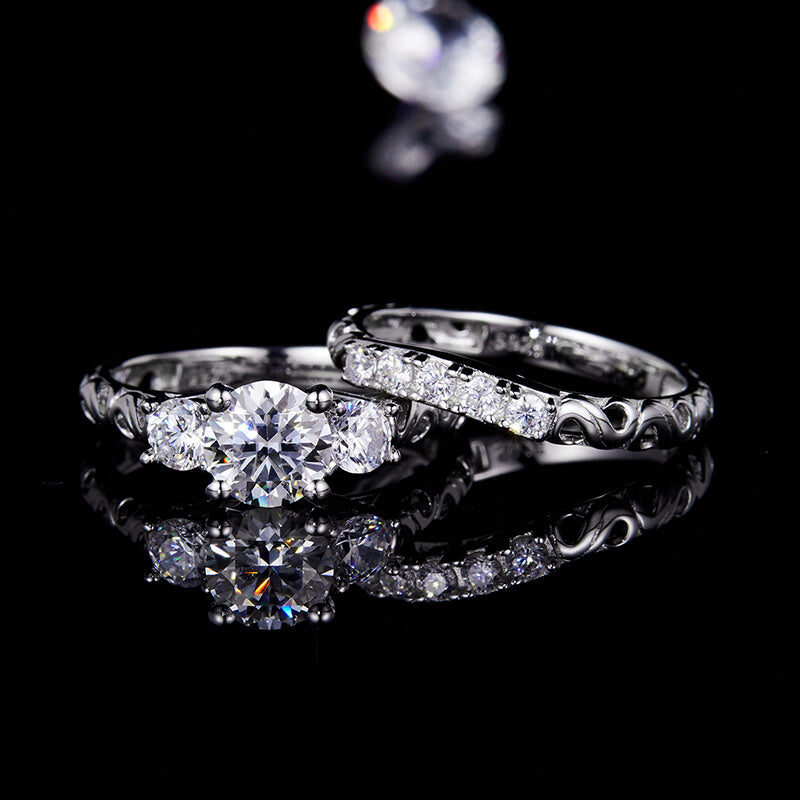 Vintage Three Stone Moissanite Bridal Engagement Ring Set