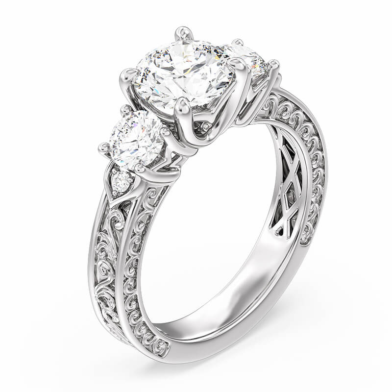 Vintage Three Stone Moissanite Scroll Filigree Engagement Ring