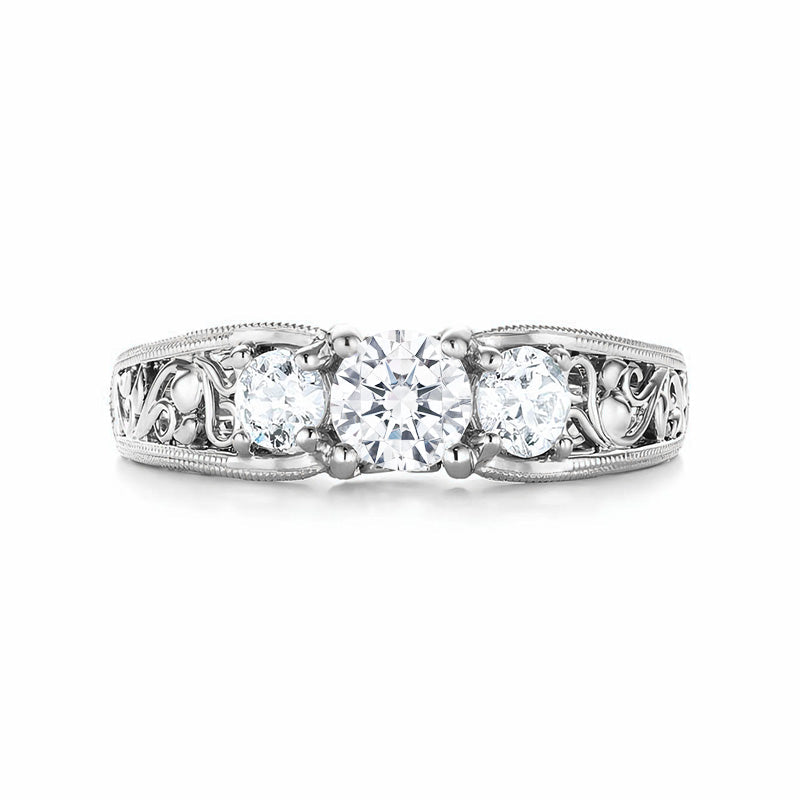 Vintage Three Stone Moissanite Filigree Milgrain Engagement Ring