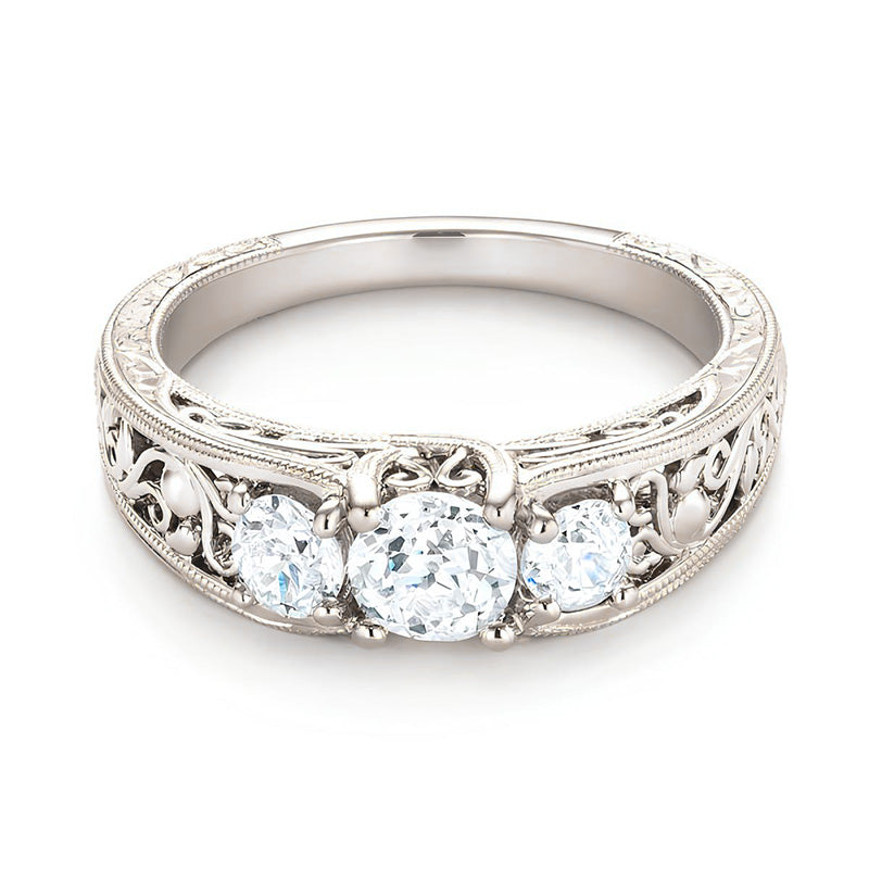 Vintage Three Stone Moissanite Filigree Milgrain Engagement Ring