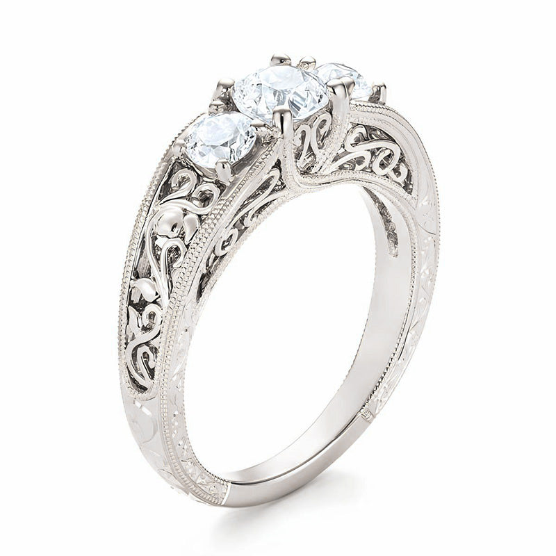 Vintage Three Stone Moissanite Filigree Milgrain Engagement Ring