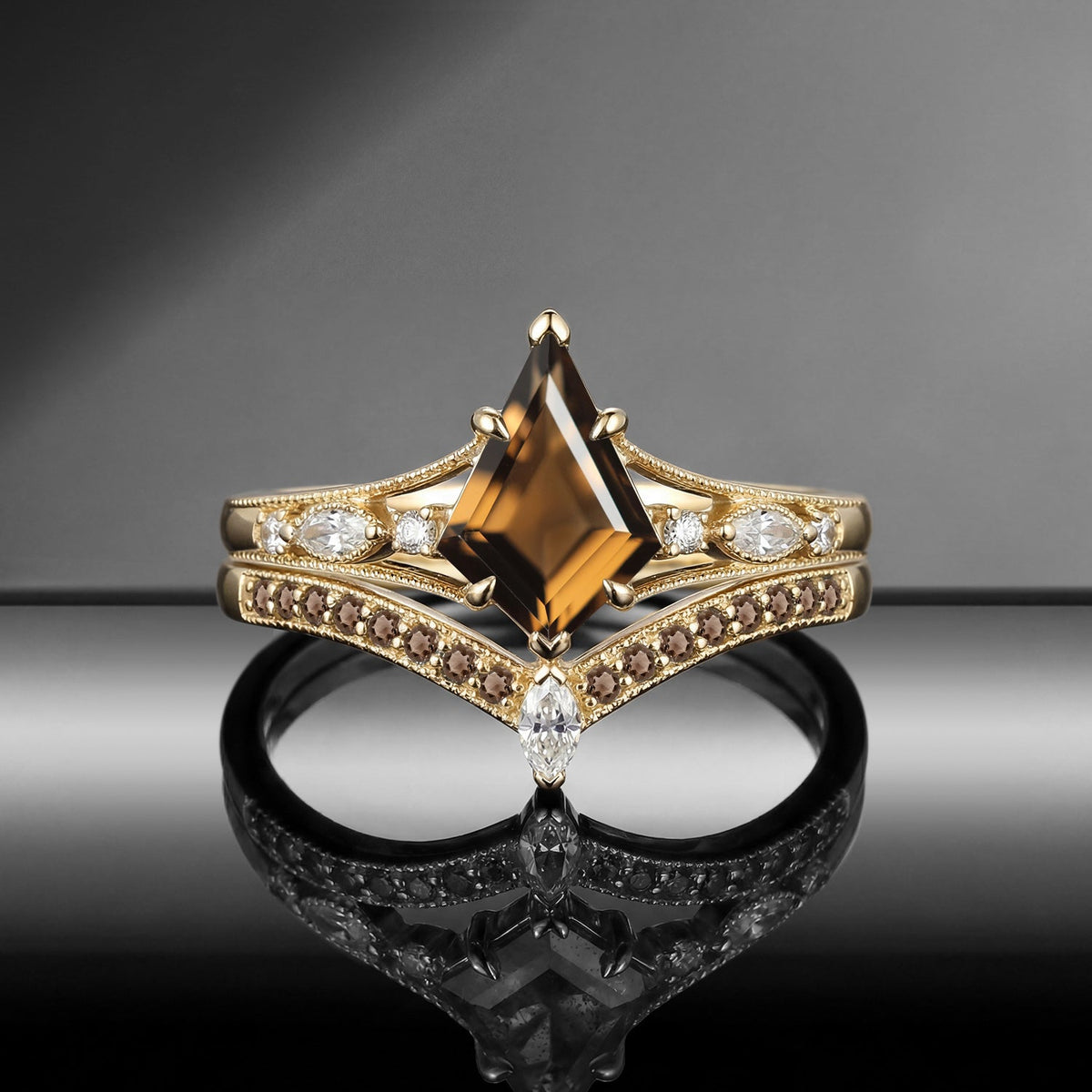 Vintage Art-Deco Kite Smokey Quartz Milgrain Split Shank Engagement Ring Set 2pcs