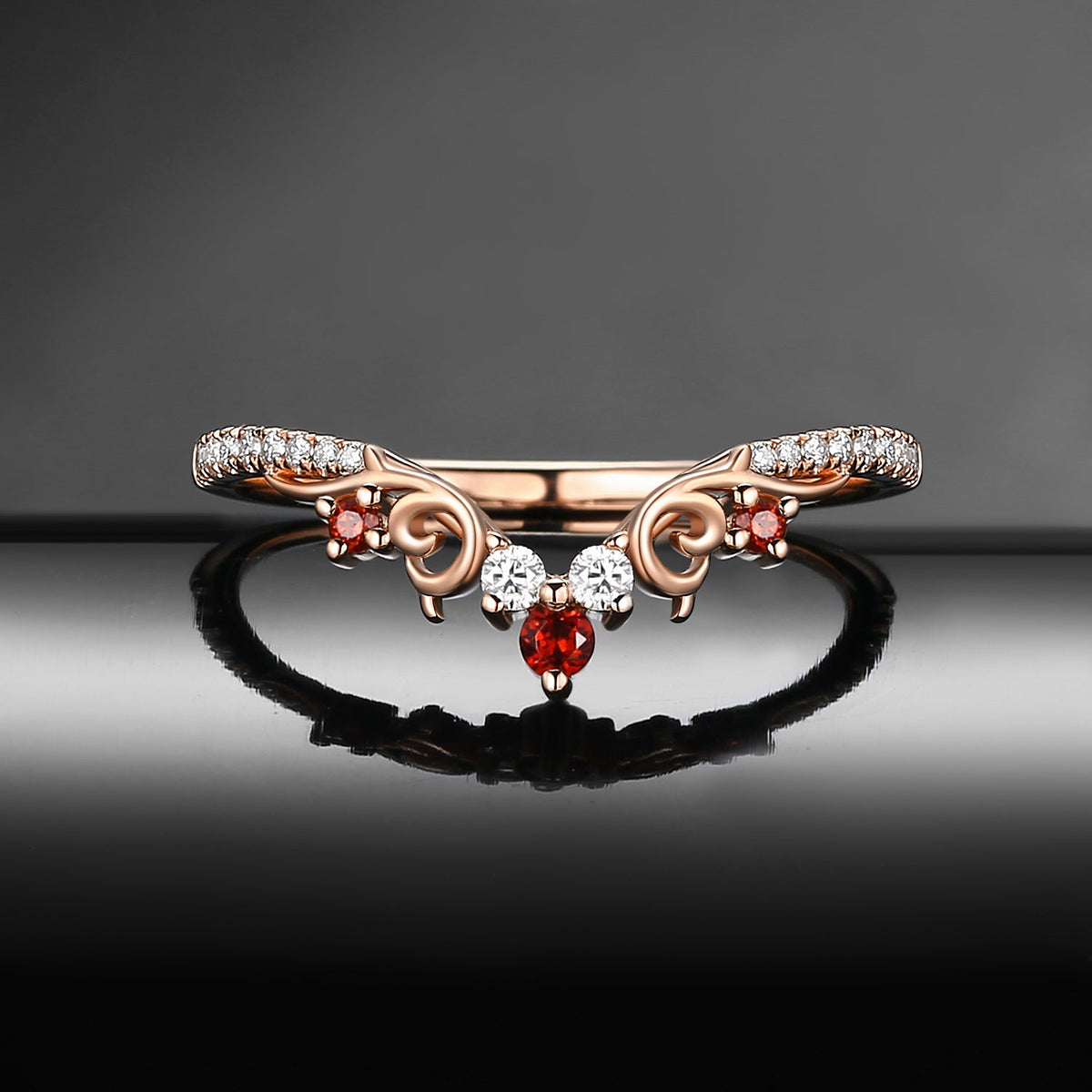 Vintage Inspired Gothic Art Deco Moissanite & Garnet Curved Wedding Band