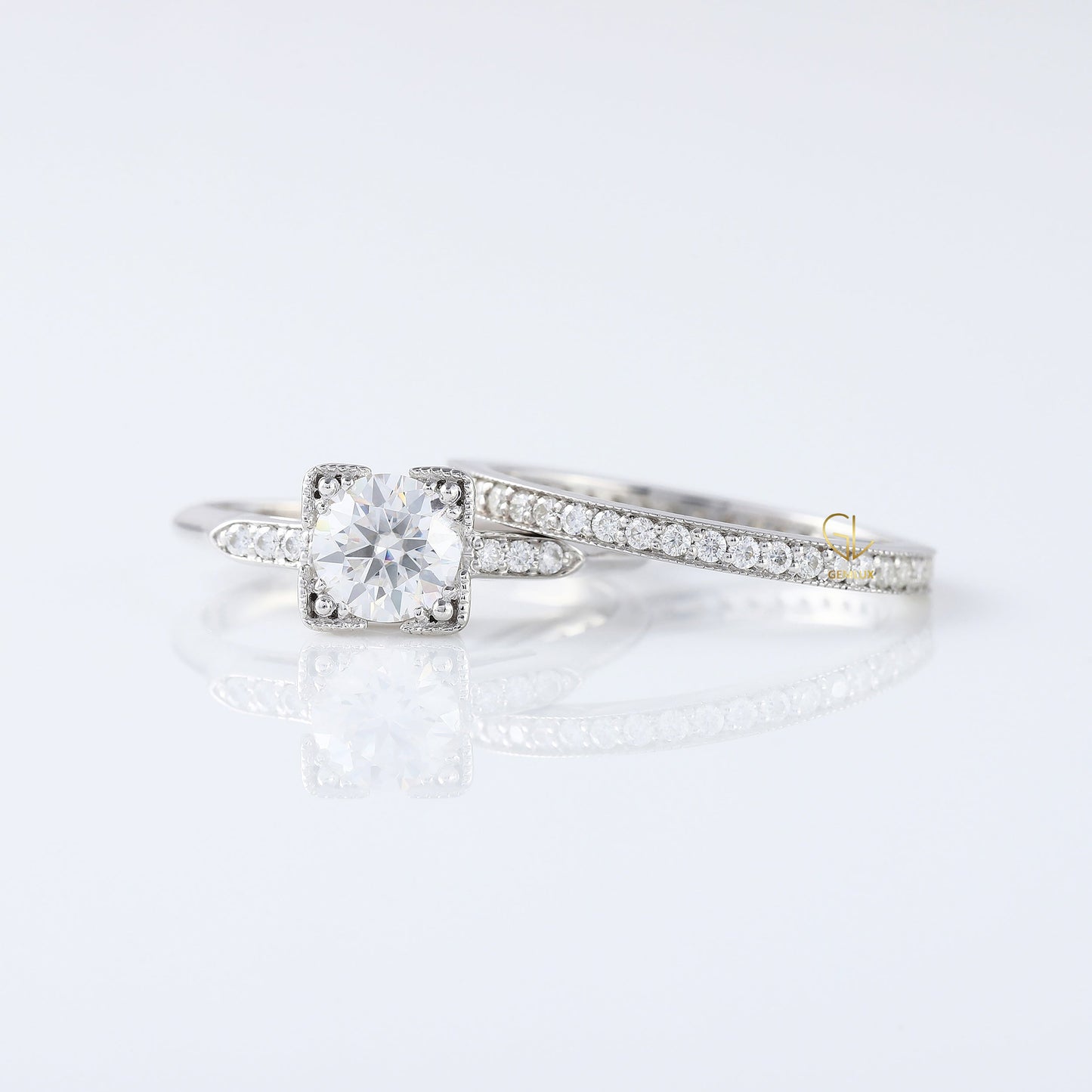 Vintage Inspired Round Lab Grown Minimal Milgrain Ring Set