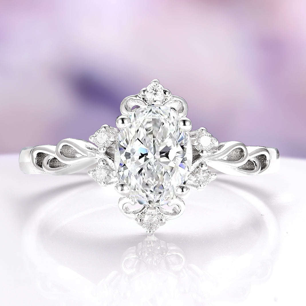 Vintage Oval Lab Diamond Engagement Ring in 14K White Gold (IGI Certified)