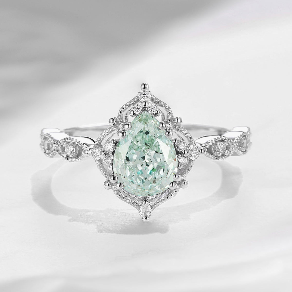 Vintage Pear Shaped Lab Green Diamond Engagement Ring