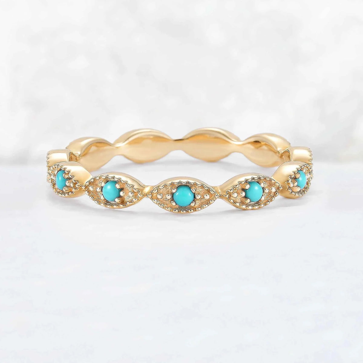 Vintage Round Cut Turquoise Milgrain Pave Band Stacking Ring