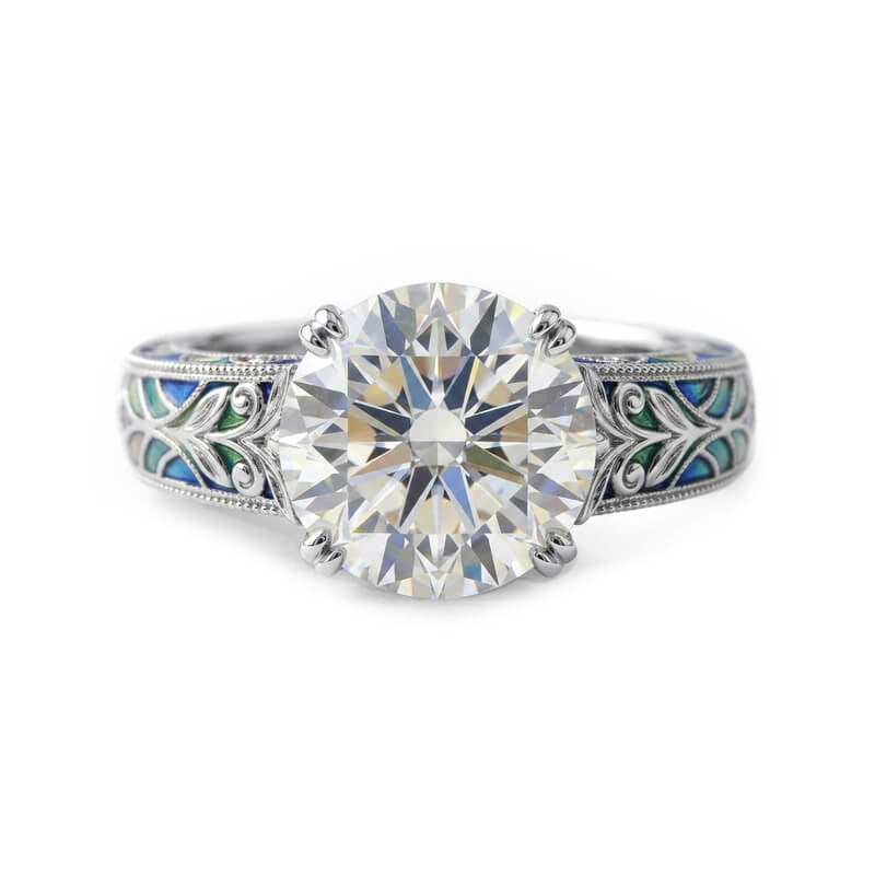 Vintage Stained Glass Enamel Moissanite Engagement Ring