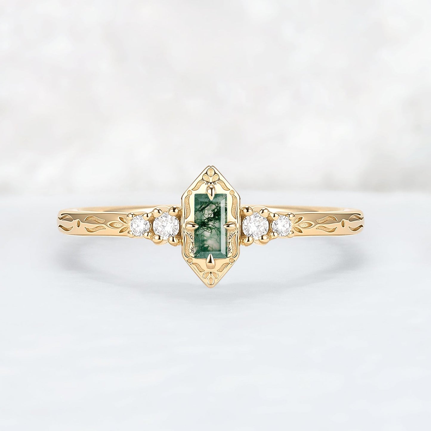 Vintige Baguette Cut Moss Agate Straight Wedding Ring