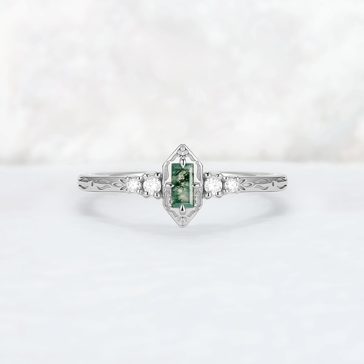 Vintige Baguette Cut Moss Agate Straight Wedding Ring