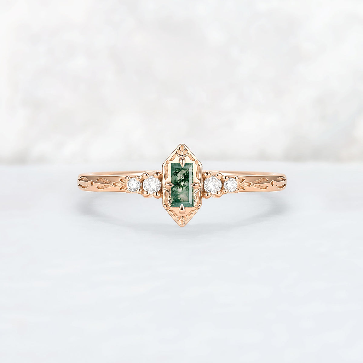 Vintige Baguette Cut Moss Agate Straight Wedding Ring