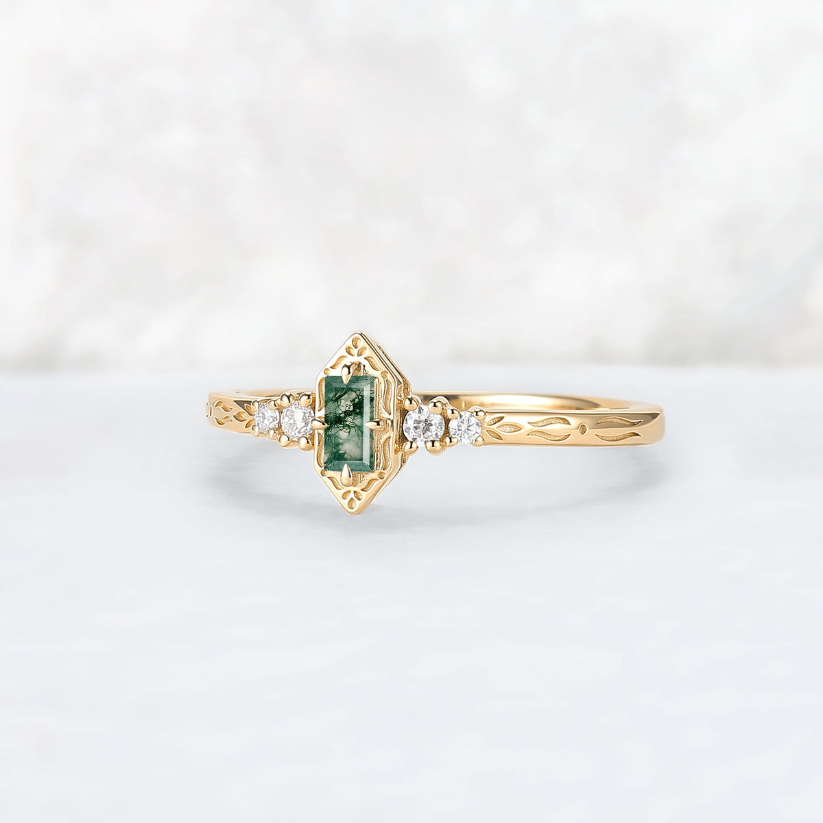 Vintige Baguette Cut Moss Agate Straight Wedding Ring