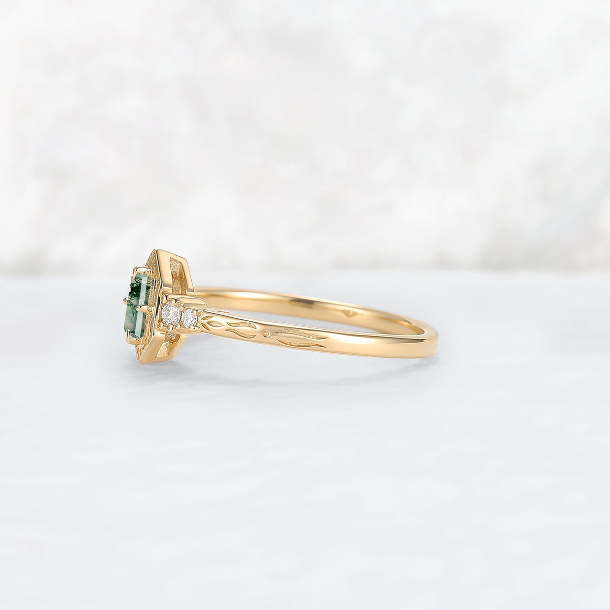 Vintige Baguette Cut Moss Agate Straight Wedding Ring