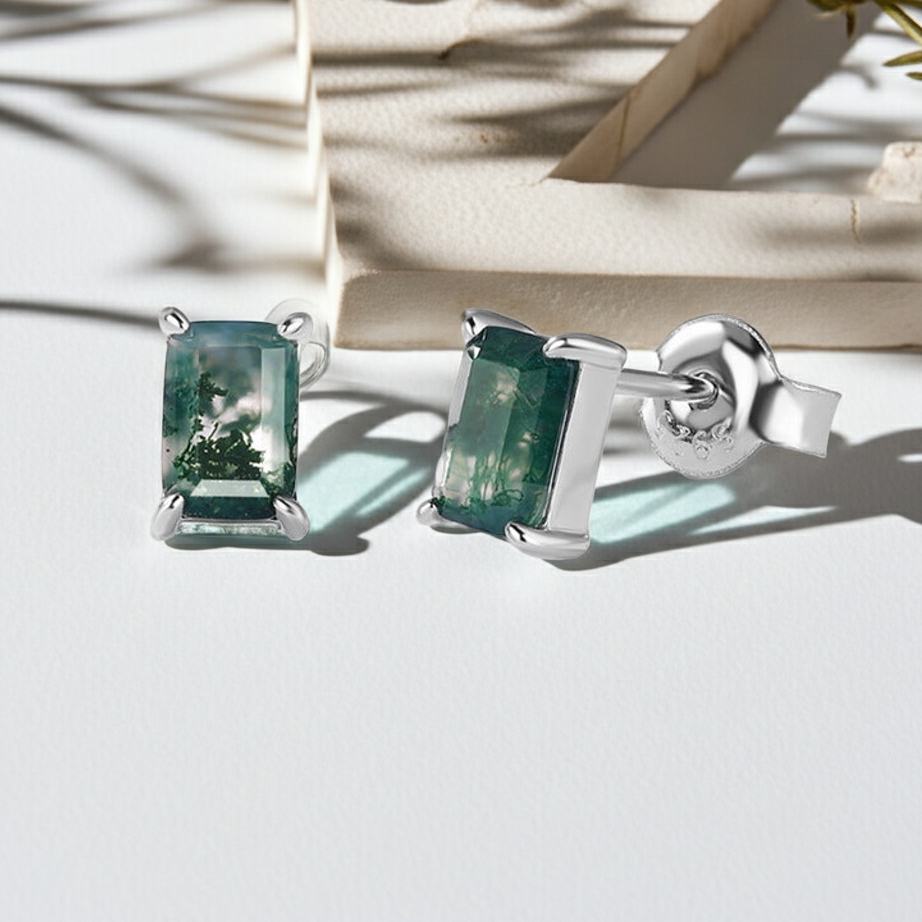 Mossgrove - Emerald Cut Moss Agate Solitaire Classic Stud Earrings