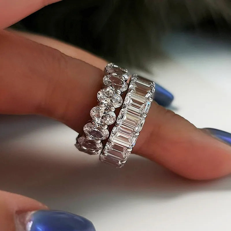 Charming 925 Sterling Silver Oval Cut & Emerald Cut Wedding Ring Set