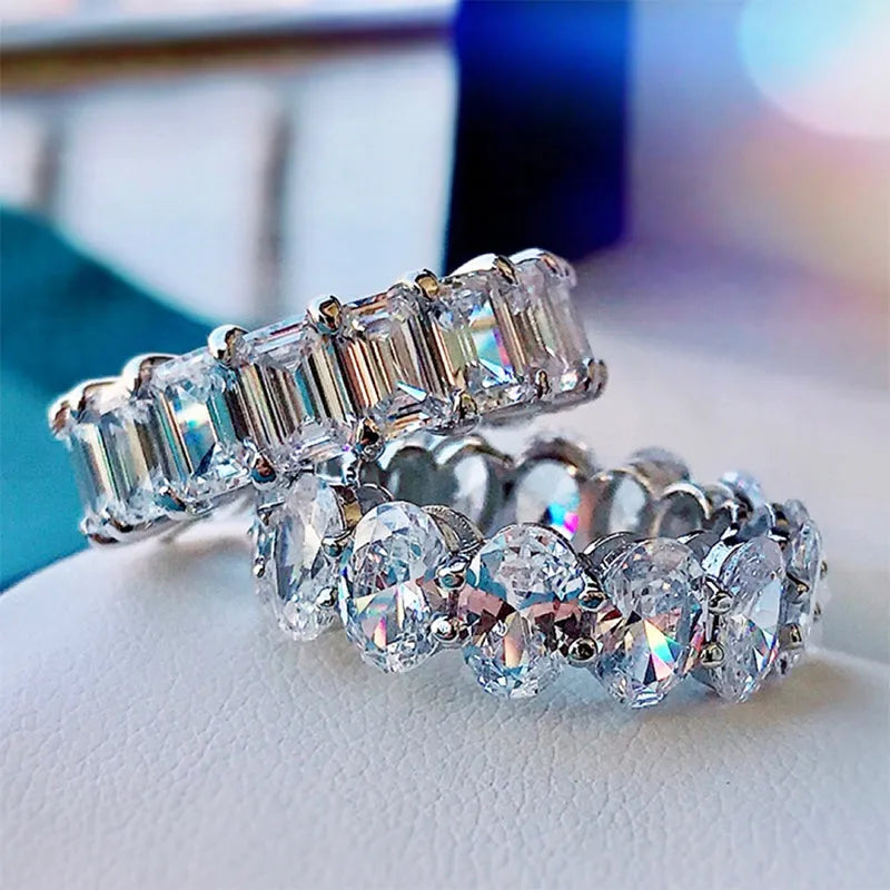 Charming 925 Sterling Silver Oval Cut & Emerald Cut Wedding Ring Set