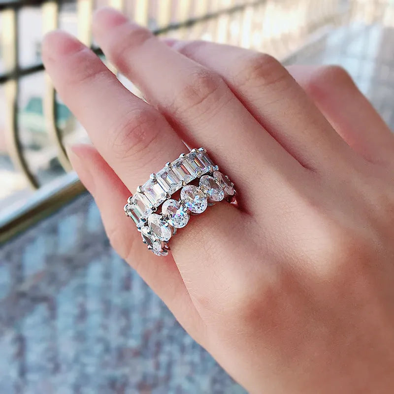 Charming 925 Sterling Silver Oval Cut & Emerald Cut Wedding Ring Set