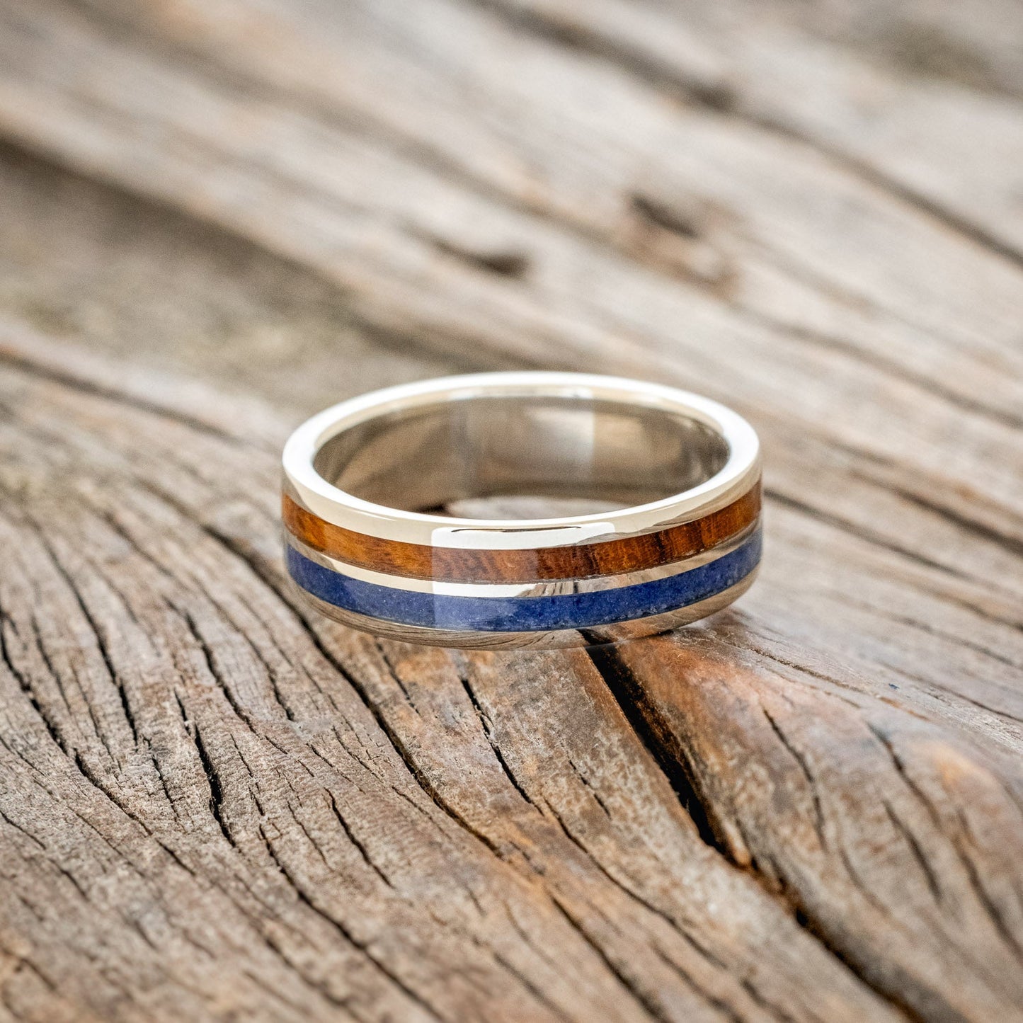 "Raptor" - Lapis & Redwood Wedding Band - 14K White Gold (6mm) - Size 11