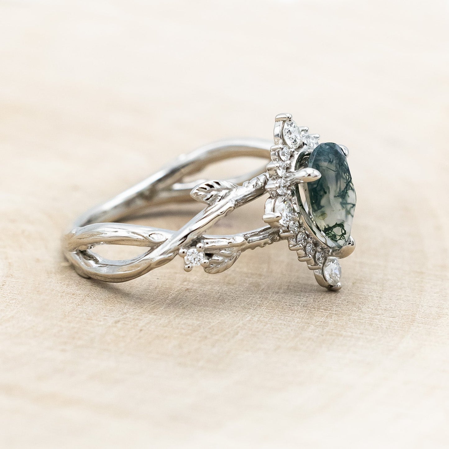 "Artemis On The Vine Divine" - Moss Agate Engagement Ring With Diamond Accents & A Branch-Style Band
